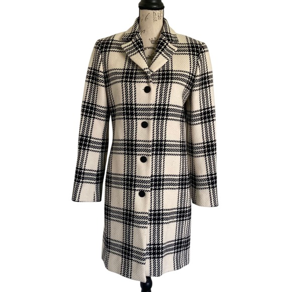 Ann Taylor 100% Wool Plaid White Coat 2 White Black Quiet Luxury Old Money - Picture 1 of 16